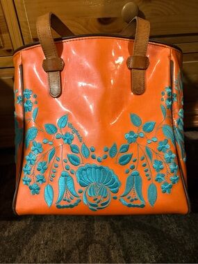 Classic Consuela Orange Tote with Teal Floral Embroidery